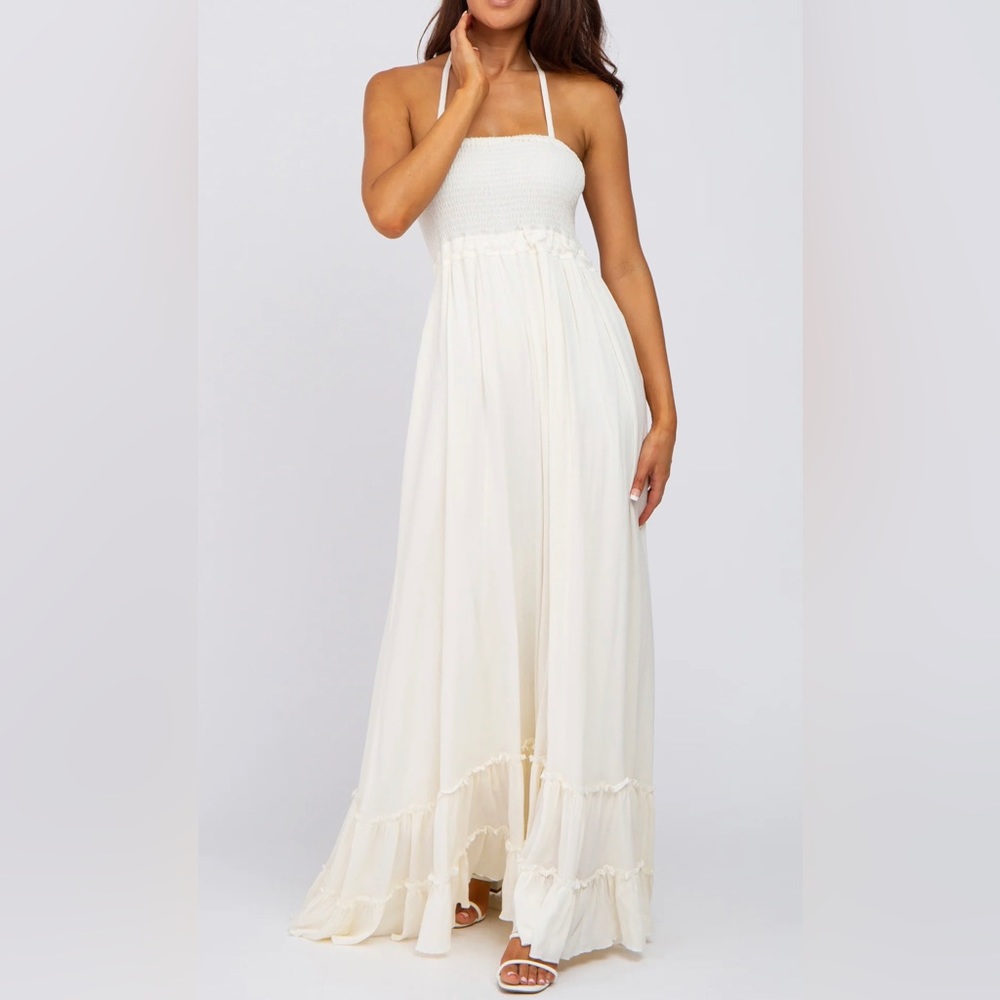 Cream Halter Neck Cut Out Maternity Maxi Dress. Size S. Postbump friendly